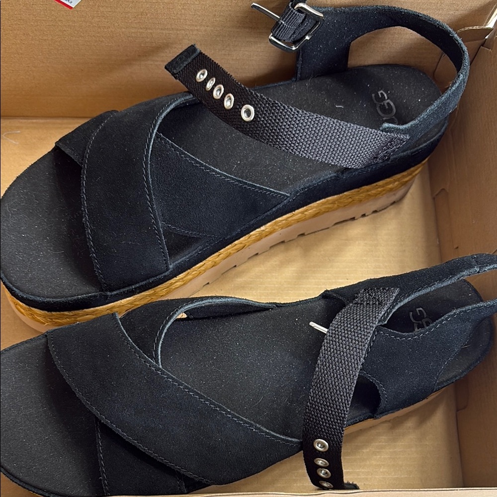 UGG Black Sandals with Tan Platform
